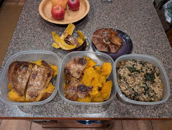 three enormous Tupperware containers of leftovers - two of pumpkin flesh and one of filling - cooling off to go into the fridge