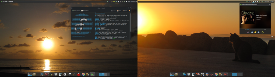 KDE Plasma Desktop que se extiende a lo largo de dos monitores, cada uno con una fotografía de atardecer o amanecer como fondo de pantalla, manteniendo una estética cálida y oscura.

El monitor izquierdo presenta un sol brillante sobre el mar, con nubes dispersas y la silueta de lo que parece ser un muelle o rompeolas. Una ventana de terminal está abierta sobre el fondo, mostrando texto en tonos claros contra un fondo oscuro, con la salida de fastfetch.

El monitor derecho muestra el amanecer, pero con la silueta de un gato sentado en primer plano y formaciones rocosas oscuras en la distancia. En esta pantalla, en la esquina superior derecha está desplegada la miniaplicación de reproducción multimedia con la carátula de un álbum de la banda The Doors.

Ambos monitores comparten paneles superiores e inferiores semejantes. El estilo de los iconos es caricaturesco. El panel superior muestra el título de las ventanas alienado a la izquierda, mientras que la bandeja del sistema y el reloj están alienados a la derecha.

El esquema de color general del escritorio combina los tonos cálidos del fondo con el tema oscuro de las ventanas y el panel.