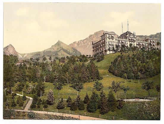 The image depicts an old, picturesque hotel nestled atop a lush green hillside with sprawling mountains in the background. The building is grand and ornate, featuring multiple floors, numerous windows, balconies, and flagpoles topped with flags. It appears to be constructed from light-colored stone or stucco, contrasting against the verdant landscape.

The foreground shows well-maintained gardens and pathways leading up to the hotel entrance, indicating a place of leisure or luxury. The vegetation includes various trees, shrubs, and flowering plants, suggesting meticulous landscaping.

A set of stairs on the left side of the picture leads down from what seems like a terrace level into more wooded areas below, hinting at additional accessible grounds for guests. There's also a clear sky with no visible clouds, implying fair weather conditions during the time this photograph was taken. The overall setting exudes an air of tranquility and exclusivity, inviting viewers to imagine themselves in such serene surroundings.