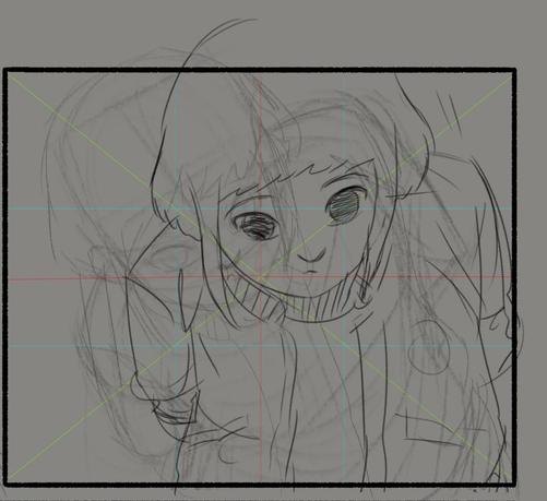 Sketch of a drawing in a comic panel. There are many construction lines and geometric guides over the image. The drawing is still in its early stages, with loose and overlapping strokes indicating adjustments to position, perspective, and composition. The drawing is of a child character with short hair and baggy clothes.