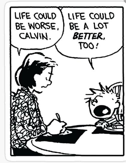 Panel from a Calvin and Hobbes strip. Calvin and his mom are sitting at the dining table. The mom says "Life could be worse, Calvin." Calvin responds loudly, "Life could be a lot better, too!"