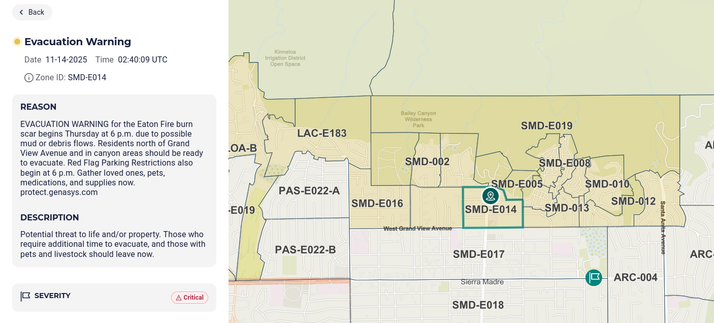 Map of evacuations along foothills of Sierra Madre