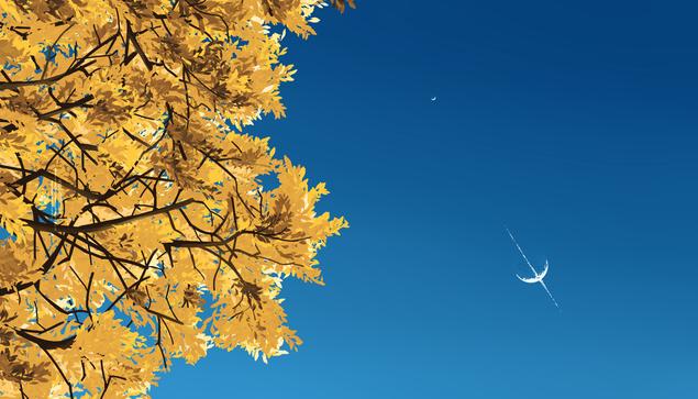 drawing of autumn leaves in front of an alien sky with alien moons
