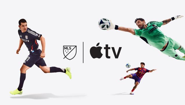 A promotional graphic showing the MLS (Major League Soccer) logo next to the Apple TV logo, surrounded by three soccer players in different action poses (running, kicking, and a goalkeeper diving) on a clean white background.