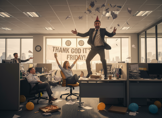 Ein Büro mit mehreren Schreibtischen ist in einem warmen Ton gehalten. Eine Person steht auf einem Schreibtisch, die Arme weit ausgebreitet, während Papierkonfetti in der Luft herumwirbelt. Eine weitere Person sitzt auf einem Schreibtisch, die Arme in die Luft gehoben. Eine dritte Person sitzt entspannt in einem Bürostuhl. Auf den Schreibtischen sind Pizzen, Papier und mehrfarbige Ballons zu sehen. Auf dem Hintergrund ist ein Text zu sehen: "THANK GOD IT'S FRIDAY!"