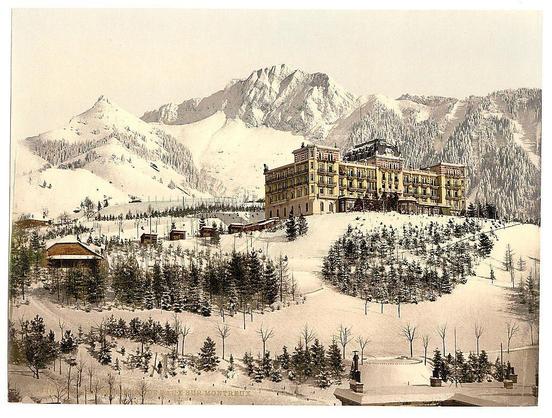 The image depicts a picturesque winter landscape featuring the Hotel de Caux and Rochers de Naye in Switzerland. The hotel is prominently placed on a snow-covered hillside, with its ornate architecture contrasting against the white backdrop of mountains dusted with snow. In the foreground, there are clusters of evergreen trees standing out against the snowy terrain, while a few bare deciduous trees dot the landscape. Ski slopes can be seen in the distance, indicating that this area is used for winter sports. The overall scene conveys a sense of tranquility and leisure associated with alpine vacations during this period.