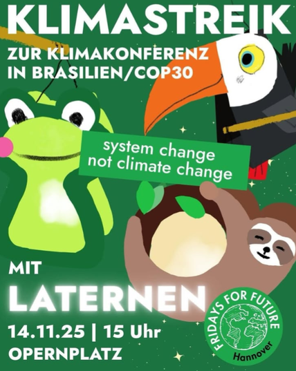 Shatepic zum Klimastreik von Patents for Future am 14.11. um 15 Uhr auf dem Opernplatz in Hannover.
Stilisierte Laternen als Tiere (Frosch, Tukan, Faultier), grüner Hintergrund.