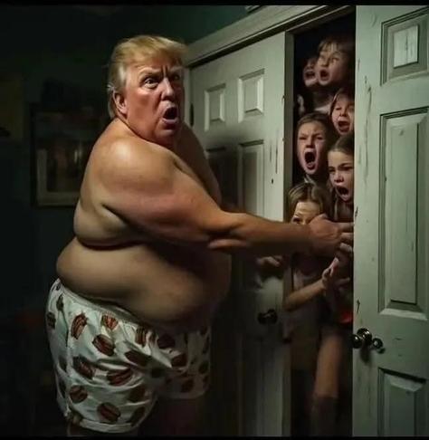A corpulent Donald J Puppyfucker, wearing boxers, tries to close the door on a closet full of screaming little girls.