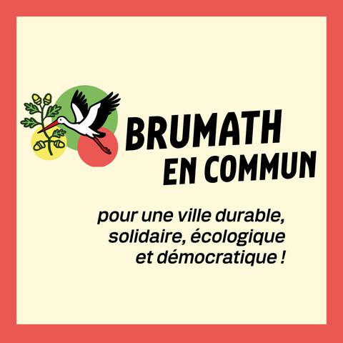 Image de couverture avec un logo représentant une cigogne en vol tenant une branche de chêne dans son bec, sur un fond constitué de trois disques : un vert, un jaune, un rouge. Le titre « Brumath En Commun » figure à côté, suivi du sous-titre « pour une ville durable, solidaire, écologique et démocratique ! »