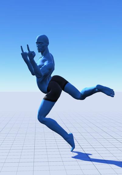 Blue person with a weird pose, tho middle fingers pop to the left while the but struggles to the right with the right foot up and the left leg bent to the left, the waist is in a imposible struggle of bending.