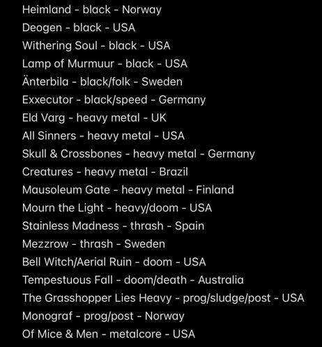 Heimland - black - Norway 
Deogen - black - USA
Withering Soul - black - USA 
Lamp of Murmuur - black - USA
Änterbila - black/folk - Sweden
Exxecutor - black/speed - Germany 
Eld Varg - heavy metal - UK
All Sinners - heavy metal - USA
Skull & Crossbones - heavy metal - Germany 
Creatures - heavy metal - Brazil 
Mausoleum Gate - heavy metal - Finland 
Mourn the Light - heavy/doom - USA
Stainless Madness - thrash - Spain 
Mezzrow - thrash - Sweden
Bell Witch/Aerial Ruin - doom - USA
Tempestuous Fall - doom/death - Australia 
The Grasshopper Lies Heavy - prog/sludge/post - USA
Monograf - prog/post - Norway 
Of Mice & Men - metalcore - USA