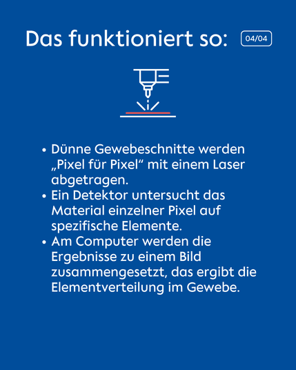 Textfolie: Das funktioniert so: Dünne Gewebeschnitte werden "Pixel für Pixel" mit einem Laser abgetragen. Ein Detektor untersucht das Material einzelner Pixel auf spezifische Elemente. Am Computer werden die Ergebnisse zu einem Bild zusammengesetzt, das ergibt die Elementverteilung im Gewebe.