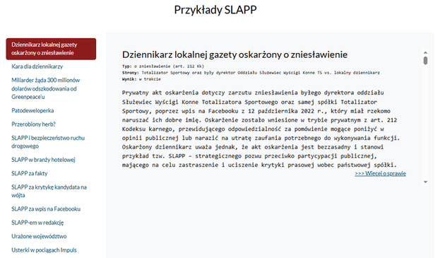 Screen ze strony anti-slapp.pl z opisem jednej ze spraw typu SLAPP dotyczącej pozwu o zniesławienie dla dziennikarza lokalnej gazety.