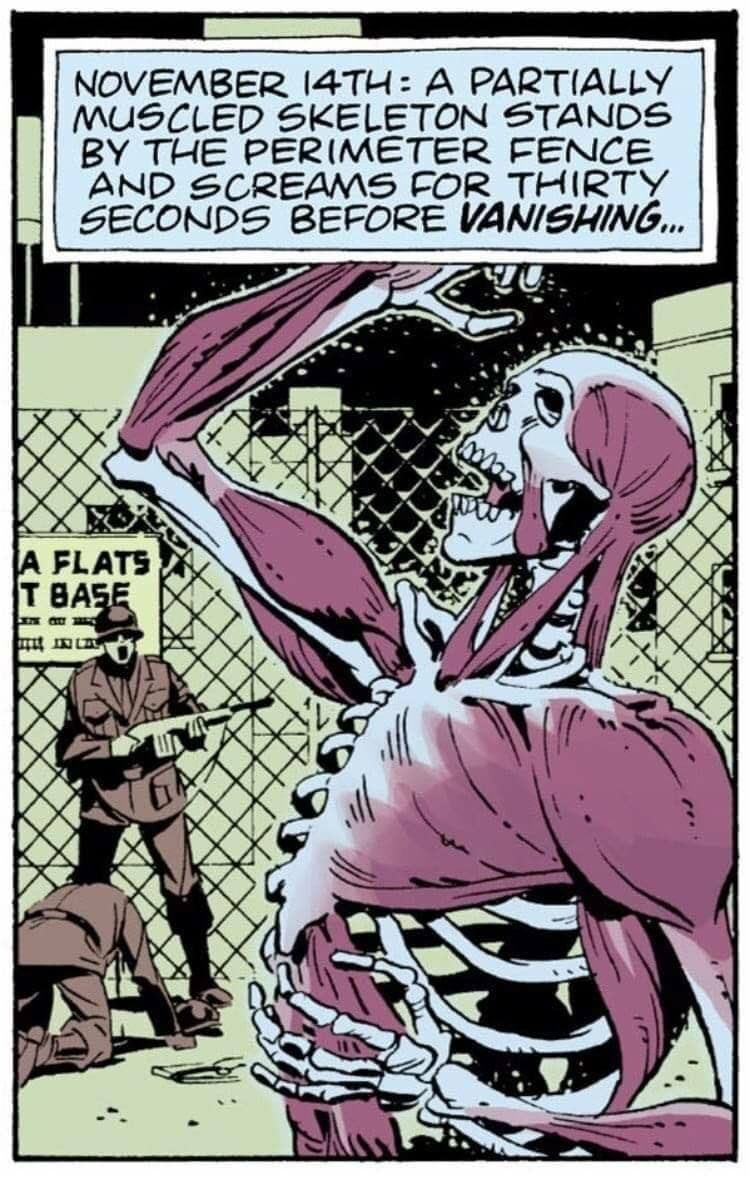 Watchmen panel depicting a human skeleton with some muscle on it screaming by a fence while guards look on in horror. Text box says november 14th: a partially muscled skeleton stands by the perimeter fence and screams for 30 seconds before vanishing