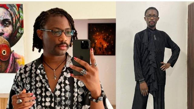 Two side-by-side photos of Ezra Olubi posing indoors; one shows him taking a mirror selfie in a patterned shirt, and the other shows him standing in an all-black outfit with hand on hip.