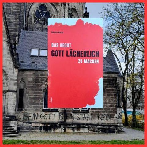 Buchcover vor Foto einer Kirche, auf der Graffiti "Kein Gott, kein Staat" zu lesen ist
