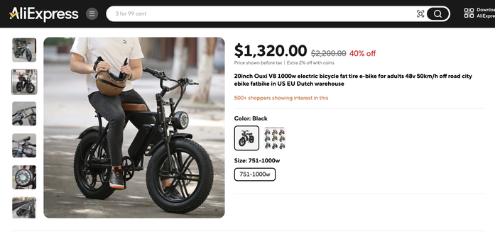 Auch per AliExpress werden in der EU nicht zulassungsfähige E-Bikes aus China verramscht.