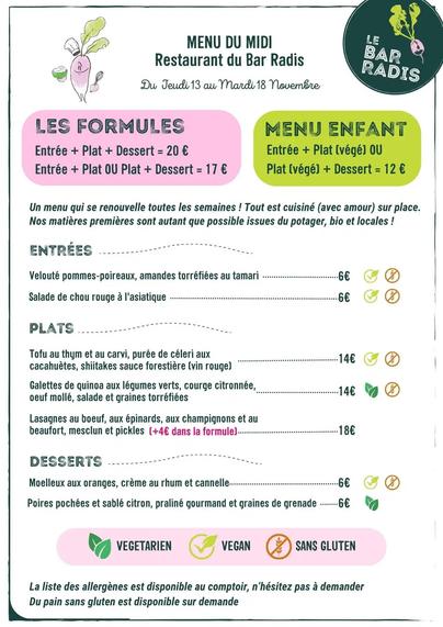 Menu du bar radis du 13 au 18 nov
