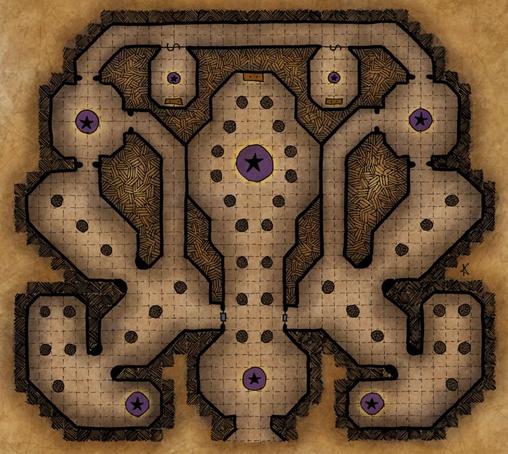 a hand drawn map of a dungeon with vertical symmetry and large rooms filled with columns, the central large hall/room had a large statue and small alter at one end it has been digitally colored to appear as if drawn on old, stained parchment.