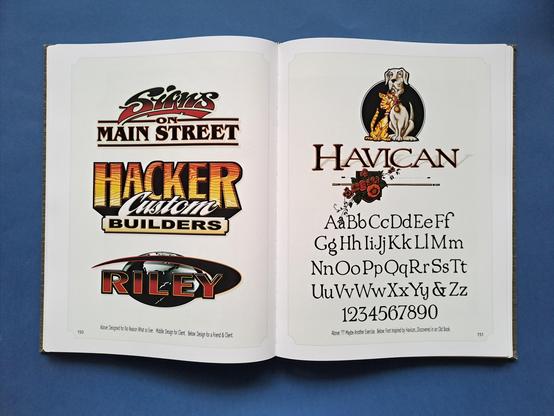 Book spread open with sign designs on the left page and an alphabet titled Havican on the right.