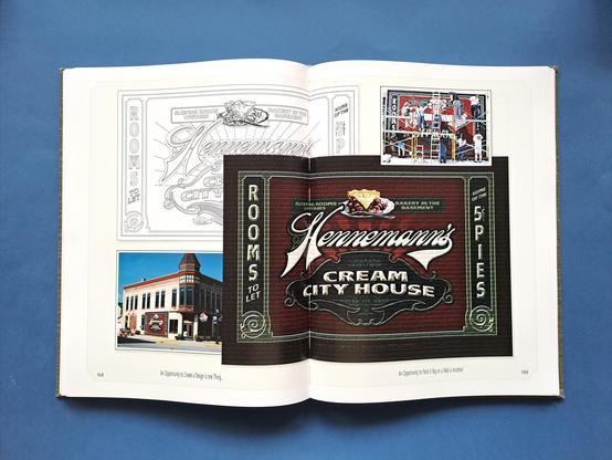 Book spread showing the artwork, installation, and finished mural for Hennemann's Cream City House.