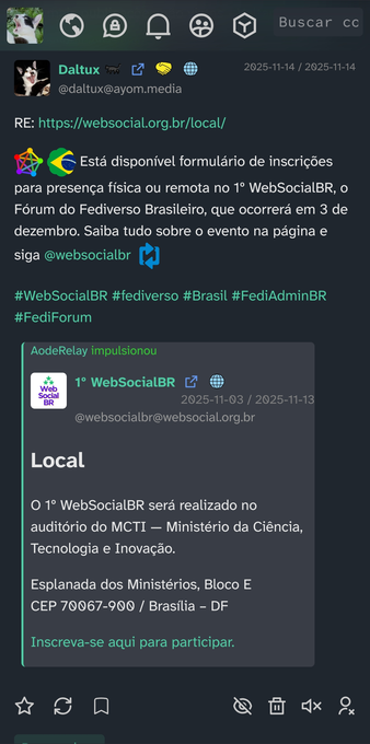 Captura de tela de navegador com página do Snac exibindo corretamente a publicação citada, inclusive com a citação embutida nela, recurso recente do Mastodon e agora também do Snac.