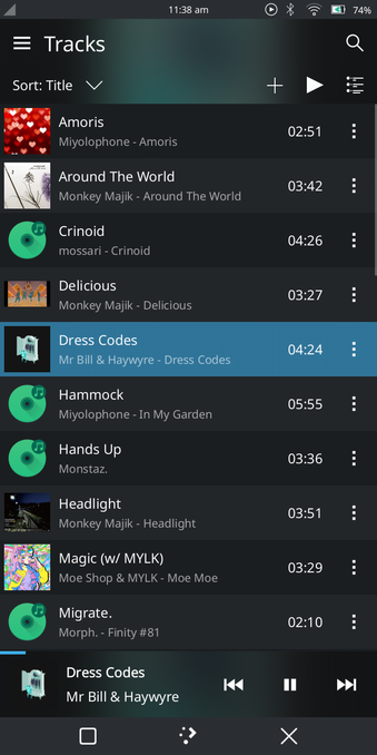 KDE's Elisa music player on mobile, showing a playing playlist.