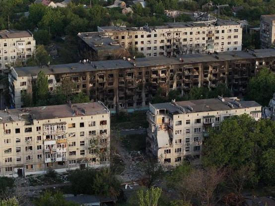 ***** In an aerial view, destroyed apartment buildings remain in a residential district hit by Russian shelling in Pokrovsk, Ukraine, summer 2025
