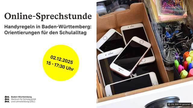 Grafik zur Online-Sprechstunde "Handyregeln in Baden-Württemberg - Orientierungen für den Schulalltag"
