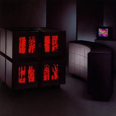 Moodily-lit image of a cubic Thinking Machines CM2, with blinkenlights.