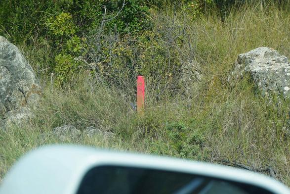 Fotografia chorwackiego s艂upka drogowego koloru r贸偶owego. Stoi on po艣r贸d niewysokich krzew贸w i traw. Zdj臋cie wykonano podczas jazdy w g贸rskim 艣rodowisku. Na dole zdj臋cia, na ca艂ej jego szeroko艣ci, wida膰 niewyra藕ny fragment lusterka samochodowego.