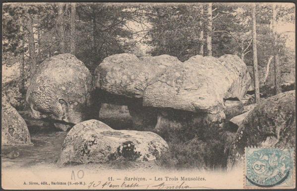 Printed monochrome postcard showing a view of the rock formation called Les Trois Mausolées at Barbizon in Seine-et-Marne, France.

Published by A. Siron, Barbizon, No 11, undivided back, c.1905.

Postally used, cancellation and date not clear, and addressed to Mademoiselle Marie Durand, 10 Rue Basfroi, Paris.

Good condition, with slight corner bumps.
