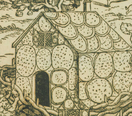 Détail de la gravure de la publication de Pierre de la Maison Neuve, avec une maison couverte de flans. En fait, on a l'impression que les murs de la maison sont faits de tartes ou de crêpes (?). La gravure montre une petite maison quadrangulaire, avec une porte noire et une petite fenêtre grillagée aux volets ouverts. Tout autour, une palissade de branches entrecroisées. On devine des détails d'autres scènes (une tête d'homme en haut à droite et une autre en bas à gauche ; un arbre chargé de gâteaux en haut)