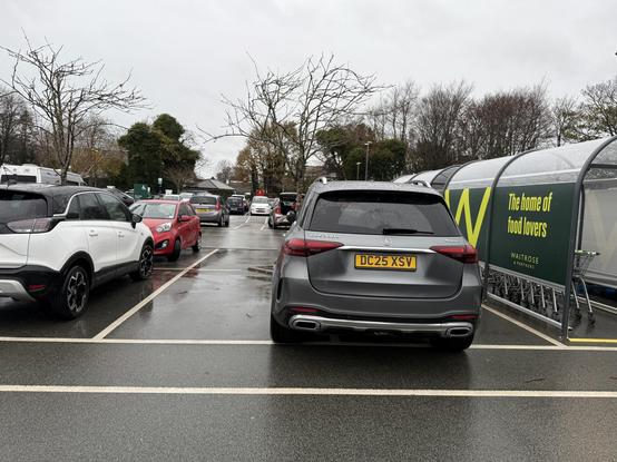 SUV parked across 2 bays and a pedestrian walk way.