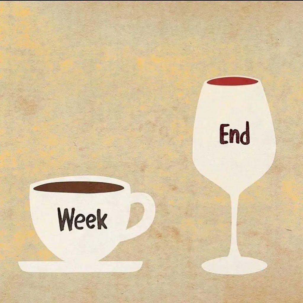 illustration showing a coffee cup labelled: week and a wine glass labelled: end