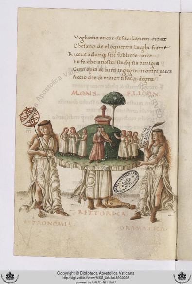 Une page de manuscrit avec un texte en italien en haut et une illustration en bas. On voit deux jeunes femmes vêtues de drapés blancs portant divers objets et désignées comme étant, à gauche, l'Astronomie et à droite la Grammaire. Entre elle, une sorte de plateau posé sur des pieds humains (?) avec un instrument par terre, désigné comme la Rhétorique. Sur le plateau, une montagne, le Mont Hélicon, portant une fontaine et un arbre et 7 personnages : Apollon au centre, jouant d'un instrument qui ressemble à un violon, et 6 jeunes filles, qui sont en fait des Muses (et devraient être neuf). Ces figures sont des sculptures en sucre réalisées en 1475.