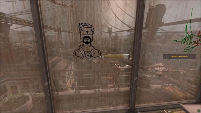 Screenshot from the VR game Half-Life Alyx, where the player is standing in front of a very dirty window looking out over the city. On the window the player has drawn a picture of Gordon Freeman with one of the whiteboard pens that is placed underneath the window in the game. 

The screenshot is not related to the teacher or the lectures. It just shows the place in the game.