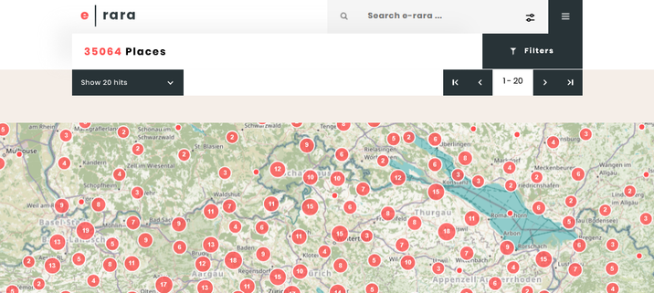 Screenshot from the e-rara platform showing a map with many points of interest
