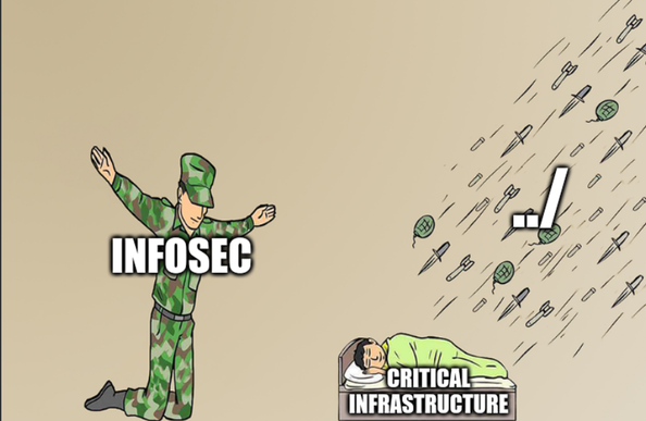 Soldier protecting child meme. The child is labeled "Critical Infrastructure" and the soldier is labeled "INFOSEC". But the soldier is on the wrong side of the sleeping child so all the weapons flying at the child, which are labeled "../" are about to strike the child while the soldier confidently protects them from literally nothing.