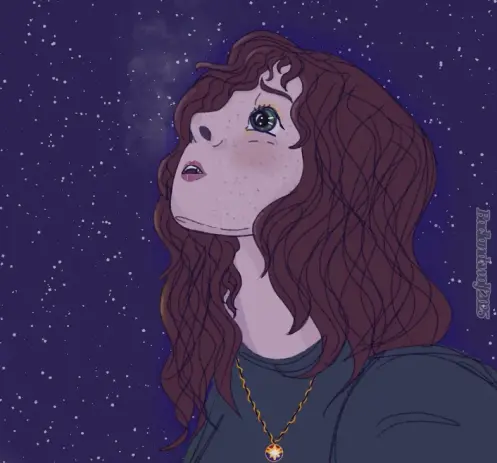 A digital drawing of a woman looking up at the stars at night. The background is a starry dark blue sky. Her hair is dark brown/reddish and her eyes are deep green. She’s wearing a long sleeved shirt of similar color. Her breath is visible in the air.