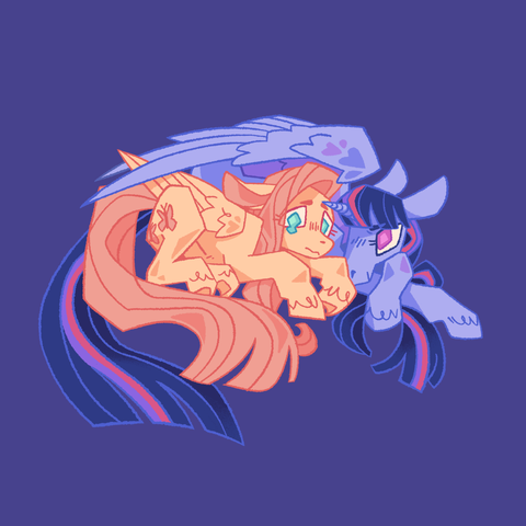 A painting of Fluttershy and Twilight Sparkle lying on the ground next to each other. Fluttershy looks anxious, and is starting to tear up. Twilight is holding a wing over her.