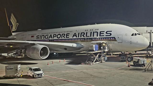This image shows a Singapore Airlines Airbus A380 parked at a gate at night. The aircraft is connected to the jet bridge, and various ground service vehicles are positioned around it — including luggage carts, catering trucks, and ground power equipment. The massive size of the A380 is clearly visible, especially the large engines and the two-deck fuselage. In the foreground, part of a Turkish Airlines wing is visible, suggesting the photo was taken from inside another aircraft on the adjacent stand. The scene is illuminated by airport floodlights, creating a busy nighttime apron atmosphere.