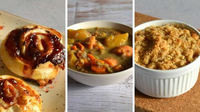 Roliños de goiaba e xamón, lentellas cor laranxa e crumble de pera. (Foto: Anxo Fole)