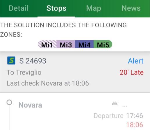 L'immagine mostra una schermata di un'applicazione mobile per il trasporto pubblico, con informazioni relative a un treno specifico e alle zone tariffarie coperte.
Il treno identificato è l'S 24693, diretto a Treviglio. Un avviso in rosso indica un "Alert" e un ritardo di "20' Late". L'ultimo controllo è stato effettuato a Novara alle 18:06.