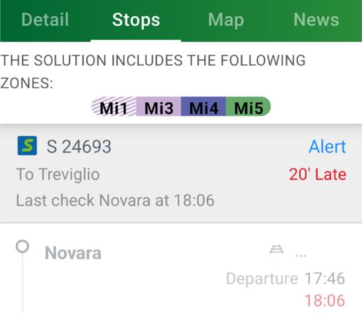 L'immagine mostra una schermata di un'applicazione mobile per il trasporto pubblico, con informazioni relative a un treno specifico e alle zone tariffarie coperte.
Il treno identificato è l'S 24693, diretto a Treviglio. Un avviso in rosso indica un "Alert" e un ritardo di "20' Late". L'ultimo controllo è stato effettuato a Novara alle 18:06.