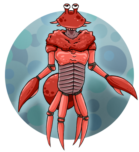 Cartoon style drawing of a slightly humanoid crab creature. It has human-like chest and arms, with big crab claws as hands. Bottom part of its body is more crab-like, with four segmented limbs and its head has shape of crab shell. The creature is red, with some brown parts on belly and joints. There is gray-blue circle with smaller dots as a background.