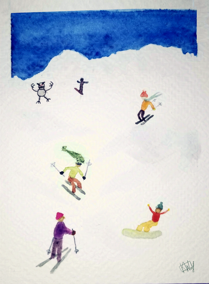 Watercolor snowboarders & skiers enjoy a perfectly clear day on a snow covered mountain. Far off near the top of the mountain, the Abominable Snowman is chasing people!