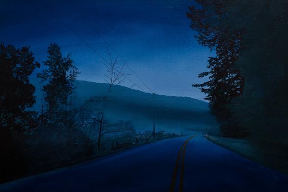 work in progress oil painting of hwy 116 in Vermont before dawn