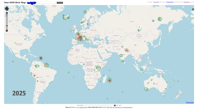 OSM personal edit heatmap map 2009