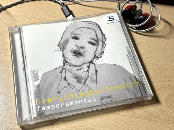 Disco Temperamental de Everything but the Girl donde se ve a una mujer de hombros para arriba en blanco y negro con la silueta con trazos de lápiz. Al lado hay unos auriculares IEM y el conector USB-C.